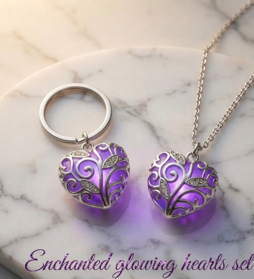 glowing heart necklace with matching key ring.