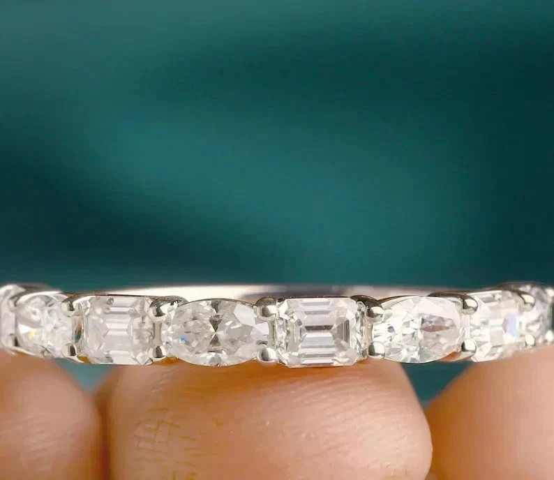 5.00Ct Oval & Emerald Cut Natural Diamond 14K White Gold Half Eternity Band Ring