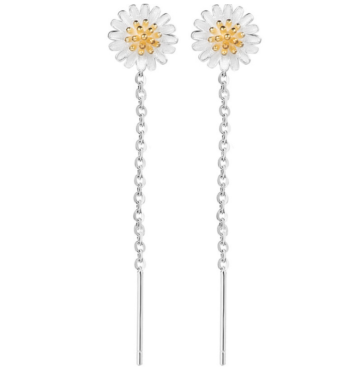 Sterling Silver Sun Flower Daisy Pull Through Wave Threader Stud Earrings PE47