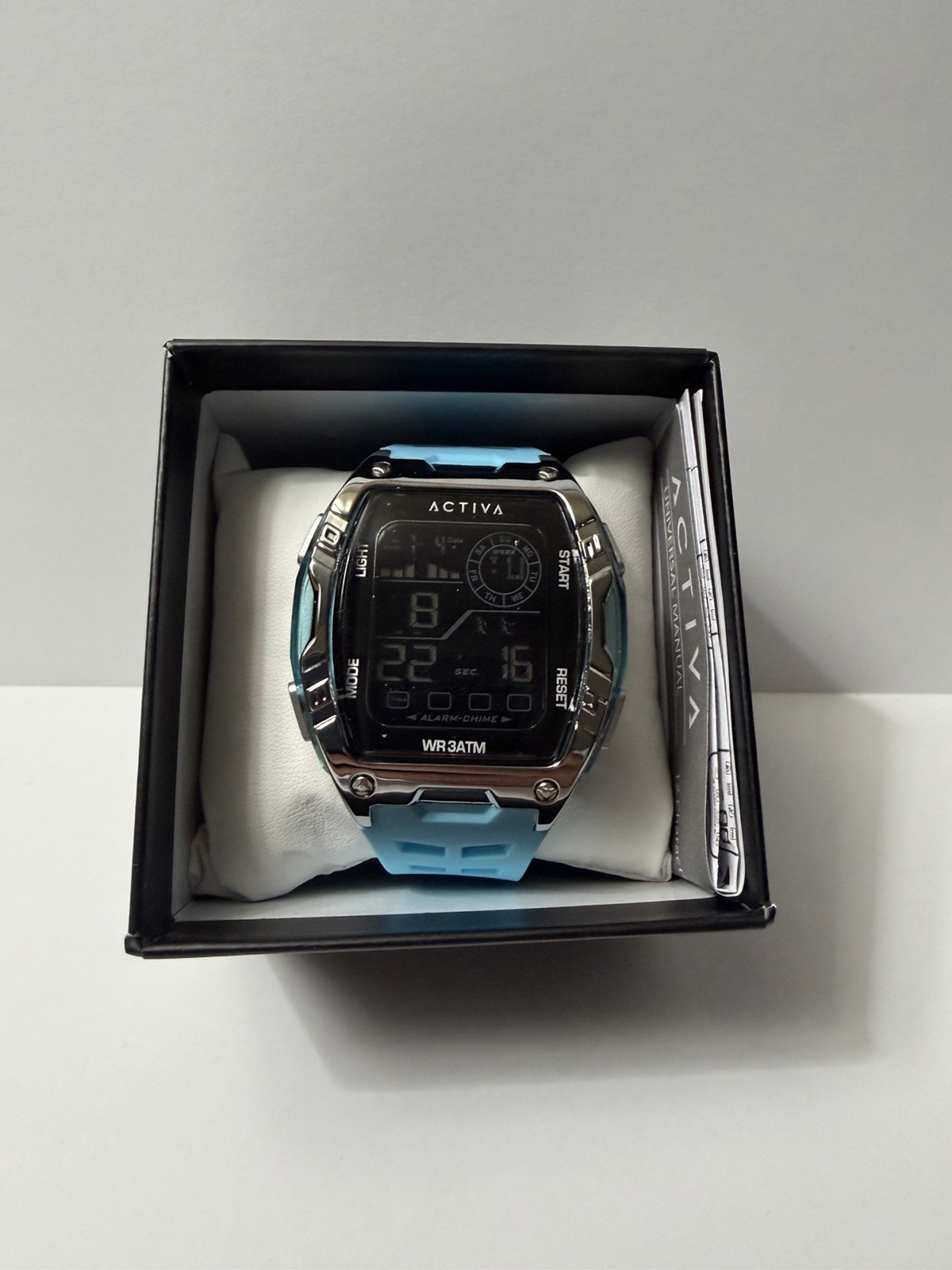 Activa ACW8130 Digital Quartz Sport Square Alarm Chrono Blue Silicone WR30m Box