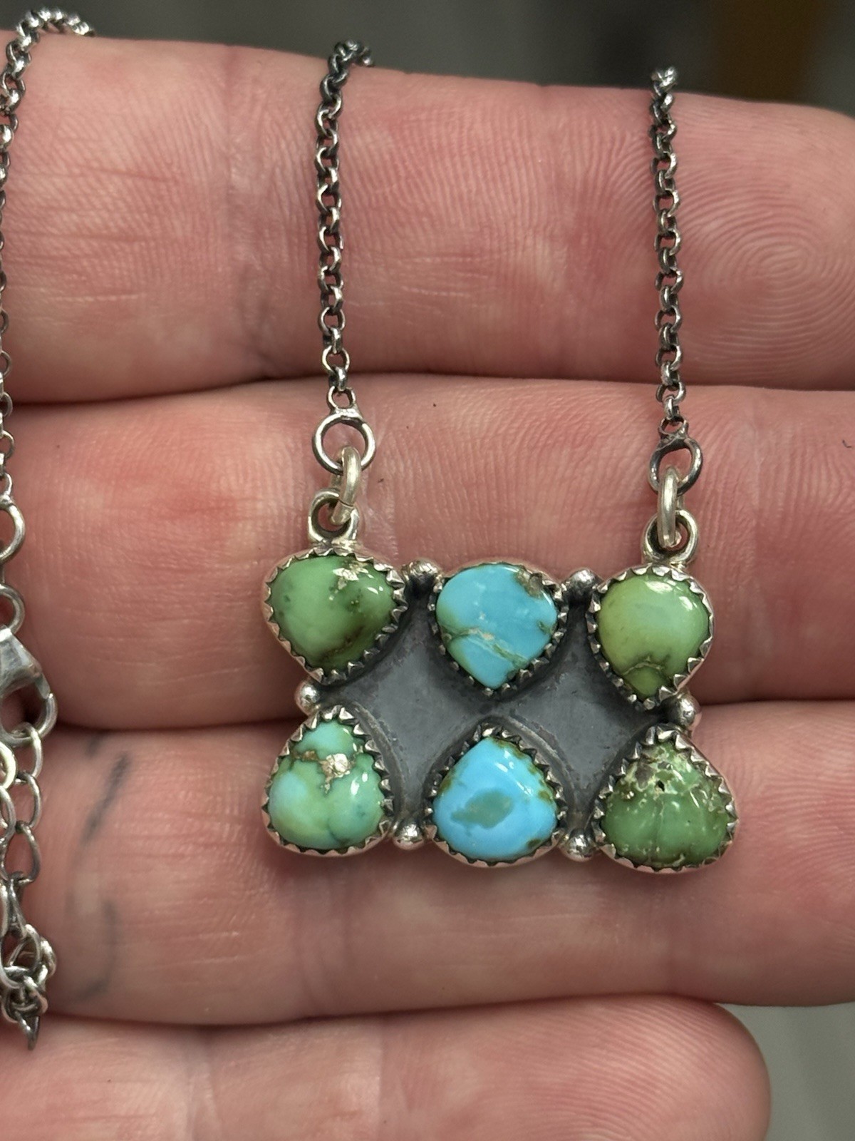 STERLING SILVER SONORAN GOLD TURQUOISE 2 ROW 6 STONE CLUSTER BAR NECKLACE .925