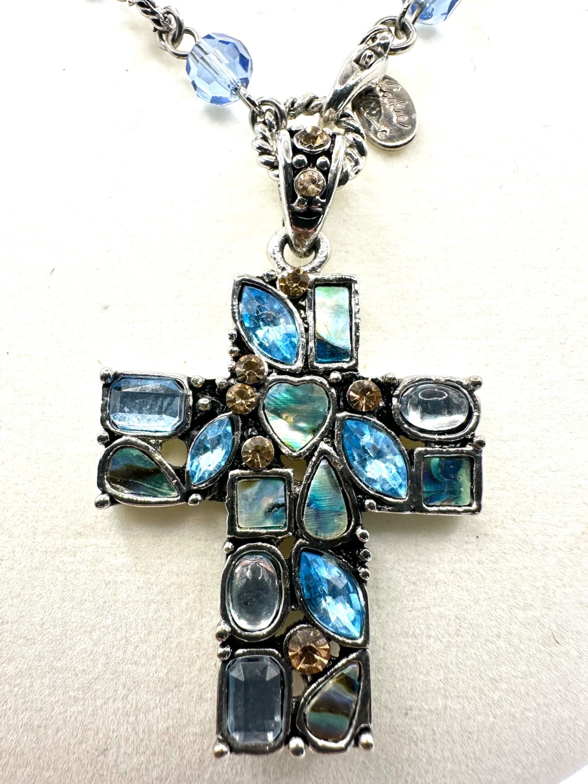Cookie Lee Blue Crystal Genuine Abalone Cross Necklace Silver Tone NWT Faith