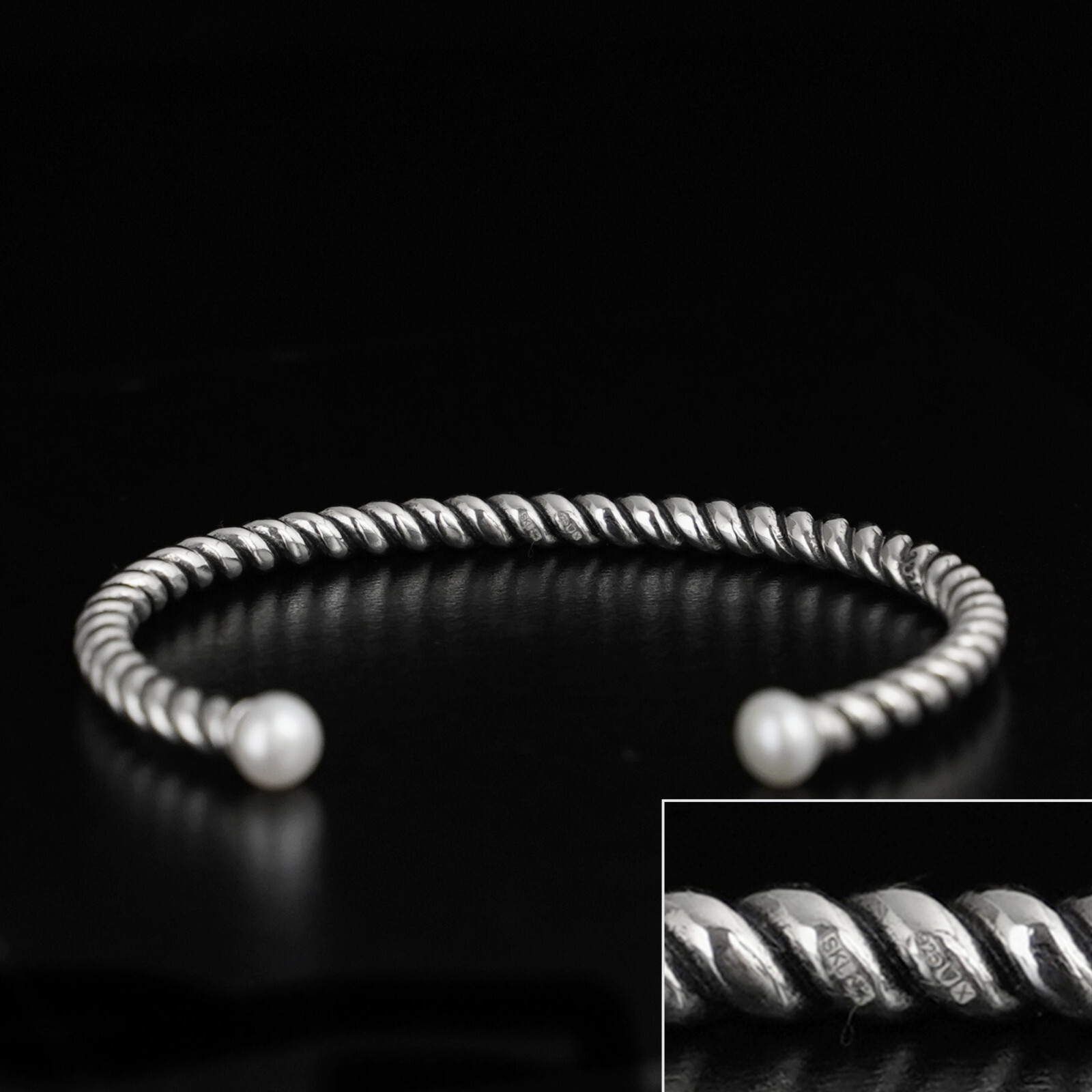 925 Silver Oxidised Freshwater Pearl Rope Bangle Twist Bangle 16.5cm