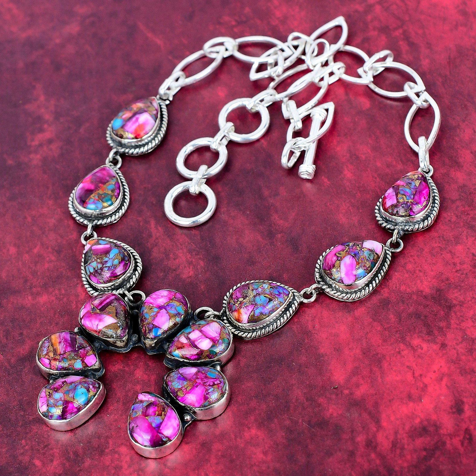 Pink Spiny Oyster Gemstone Handmade 925 Solid Silver Designer Necklace Jewelry
