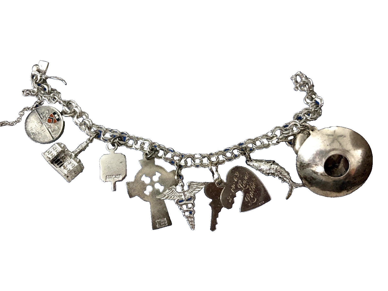 Sterling SIlver Charm Bracelet 50g Vintage 1960s American Yale Doctor 10 Charms