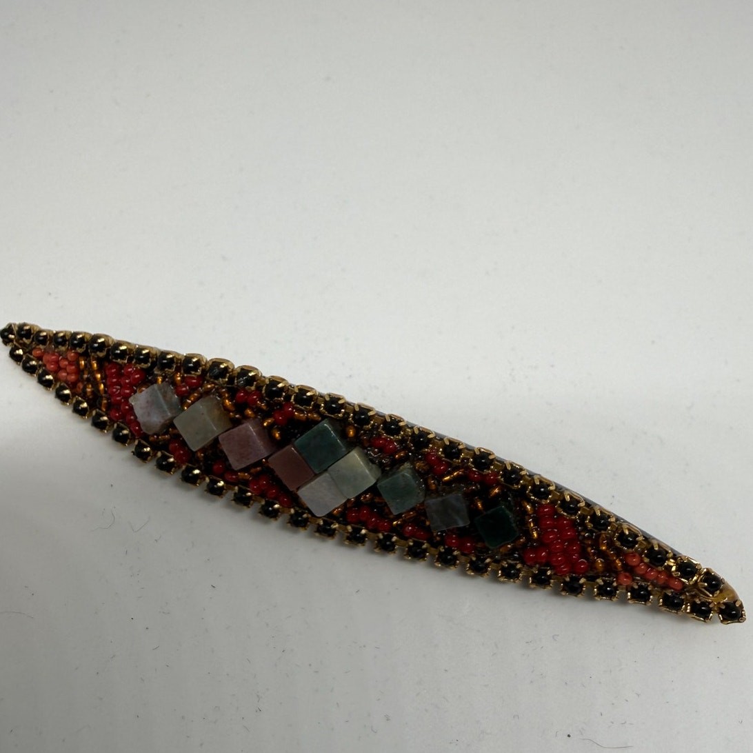 VINTAGE Hickham 1999 Hand Beaded Natural Stone Brooch Artisan Seed Bead Pin Boho