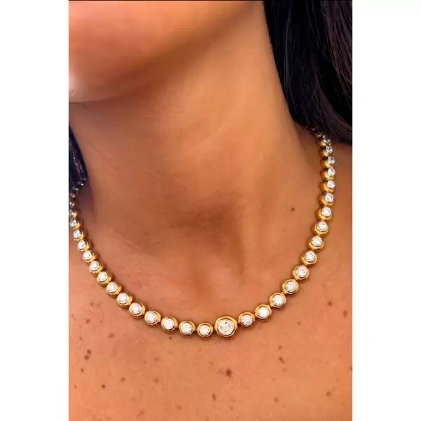 49Ct Lab Created Bezel Set Diamond 14k Yellow Gold Plated Modern Tennis Necklace