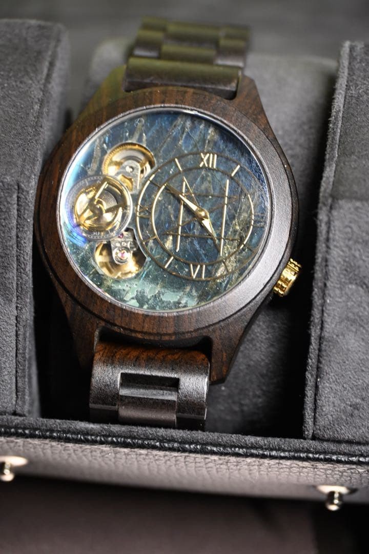 NOZ Double Movement Model Labradorite 45mm Ebony Natural Wood Band
