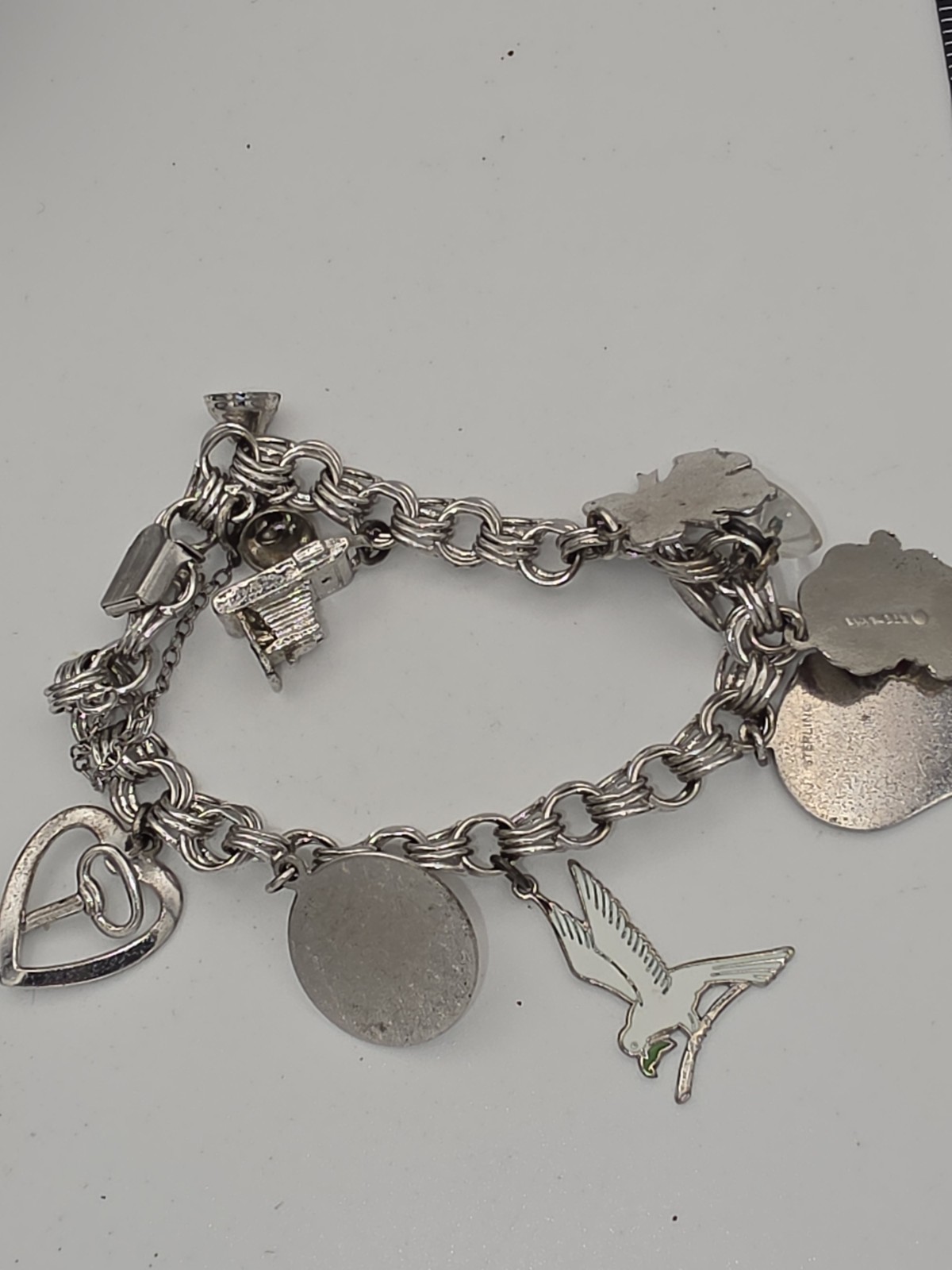 Vintage Elco Sterling Silver Triple Link Charm Bracelet With Charms, 6.25 in, I5