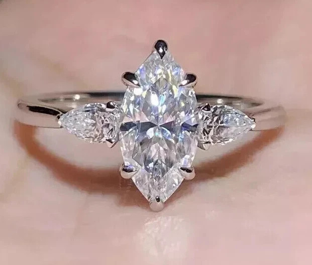 Marquise Cut 3.30 Ct White Moissanite Prong Engagement Ring 925 Sterling Silver