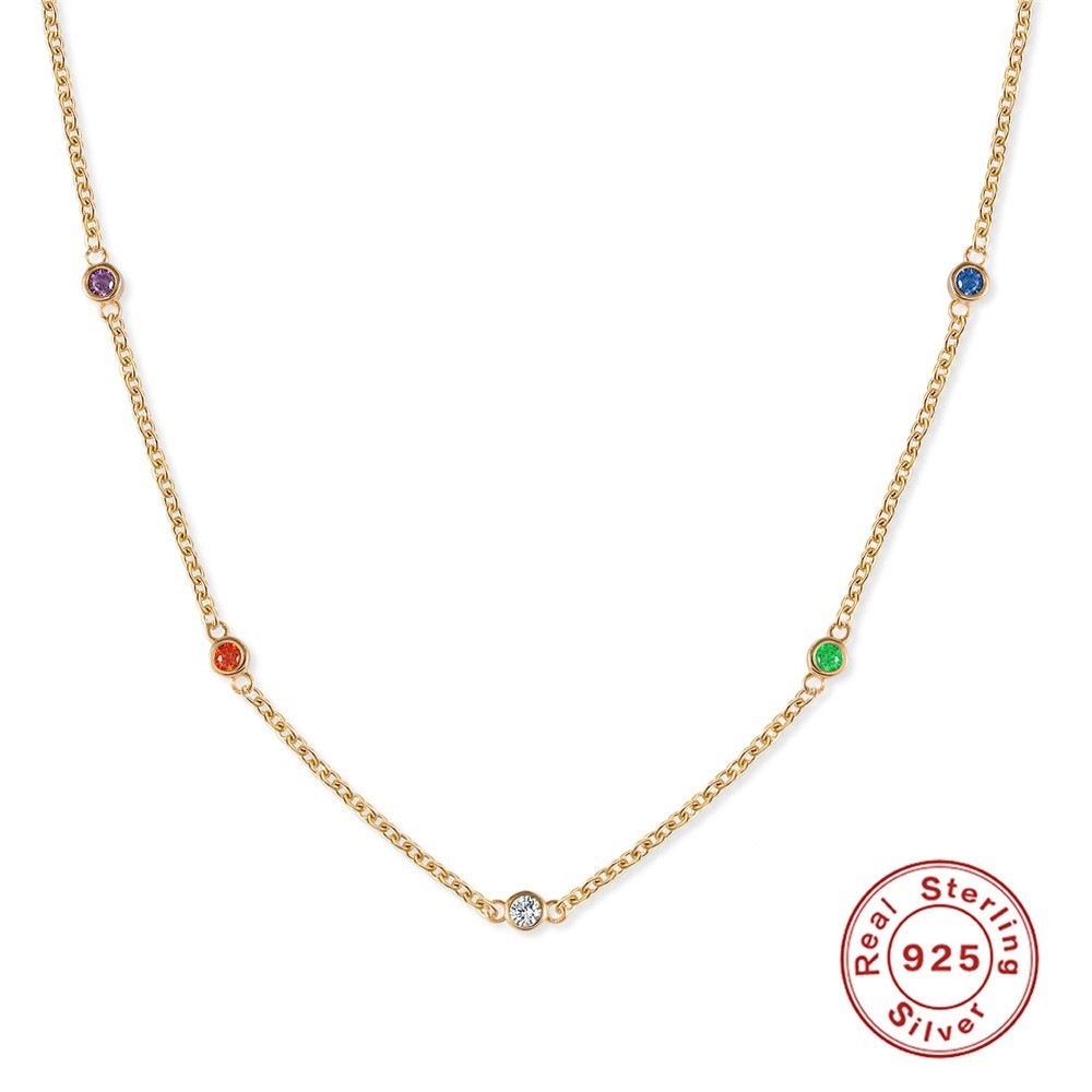 Gold Plated 925 Sterling Silver Multicolor CZ Station Necklace for Women