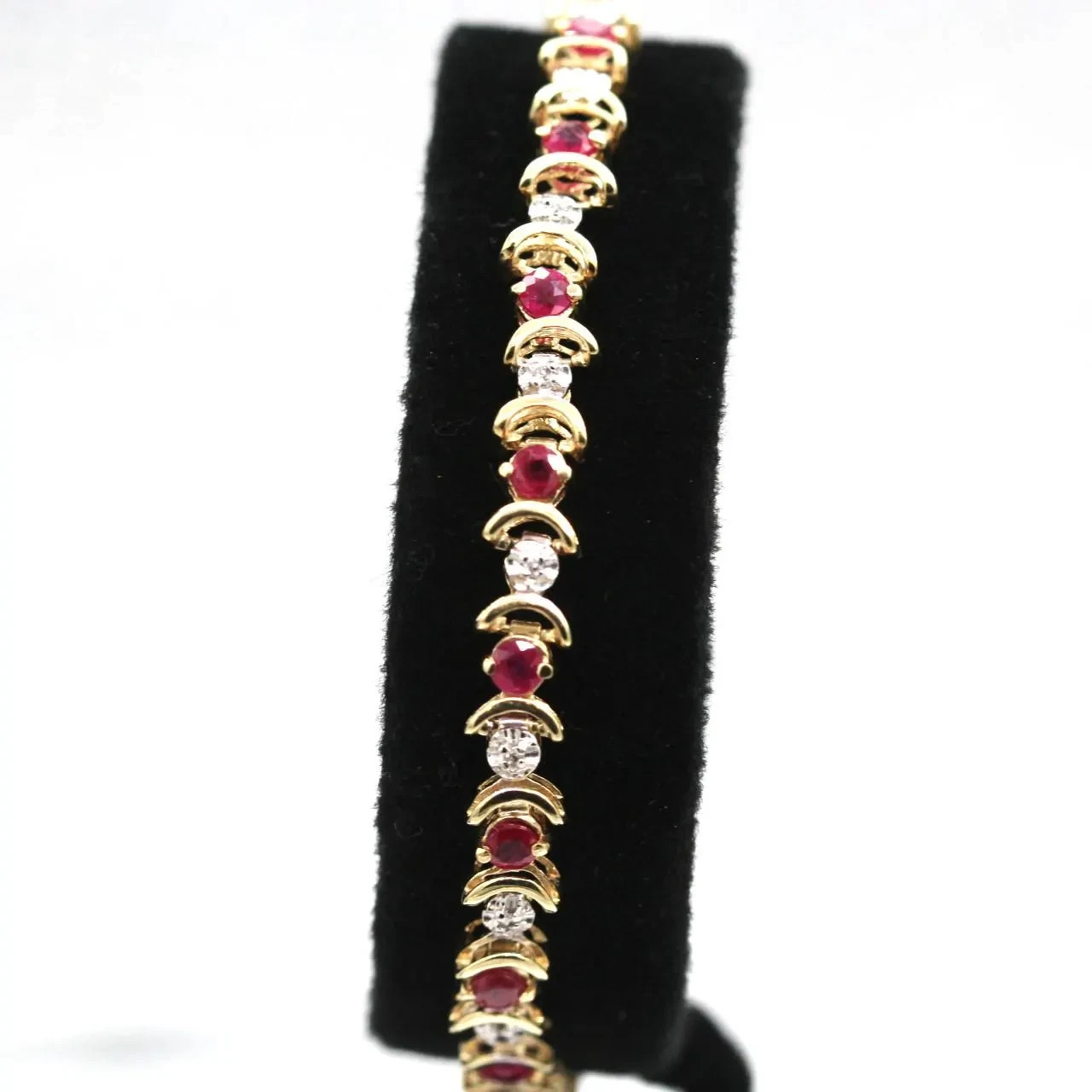 10k Yellow Gold Natural Ruby and Diamond Lined Crescent Chain Bracelet 7 inches