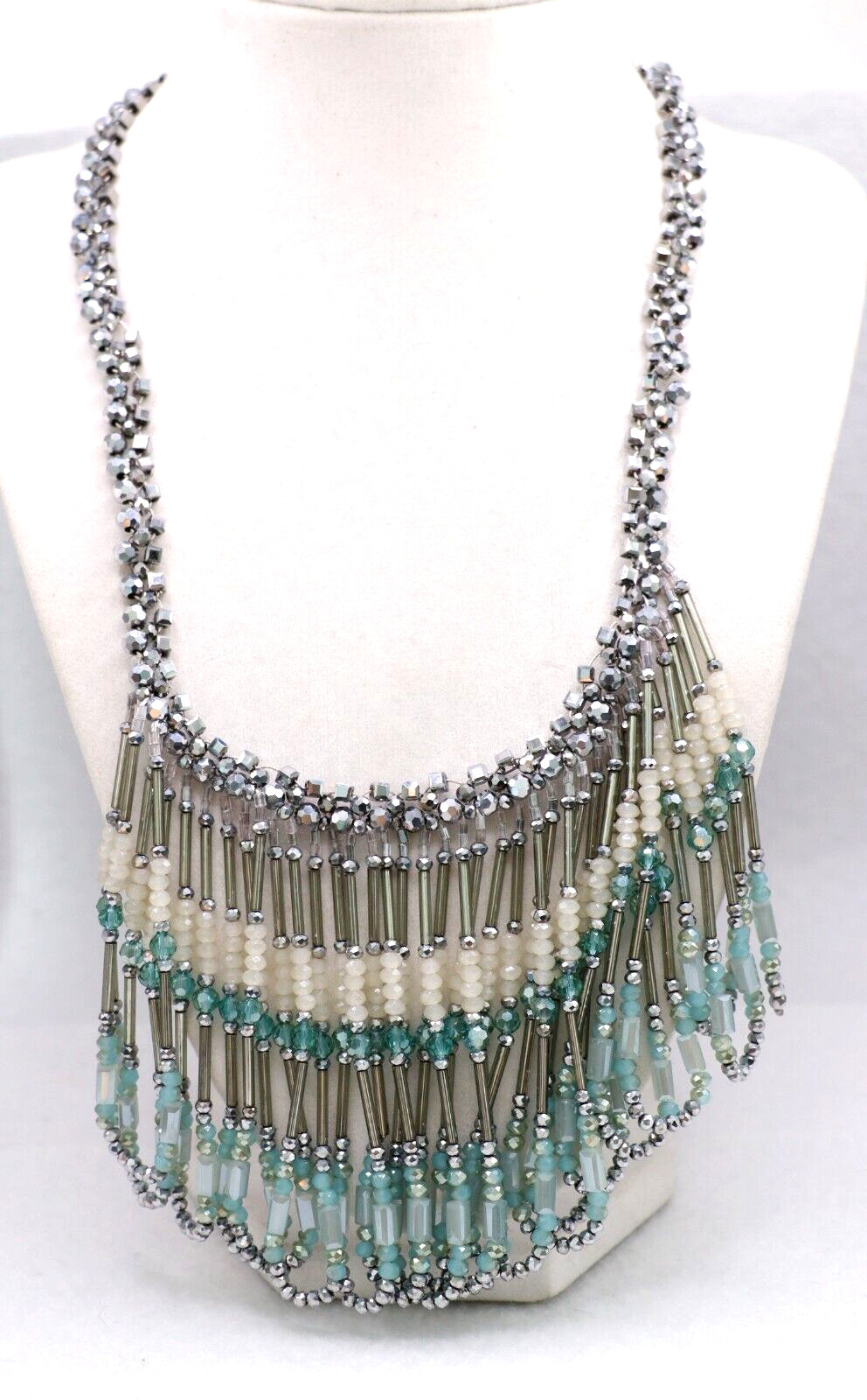 RUSH DENIS & CHARLES Aqua Blue White Silver Crystal Dangle Statement Necklace