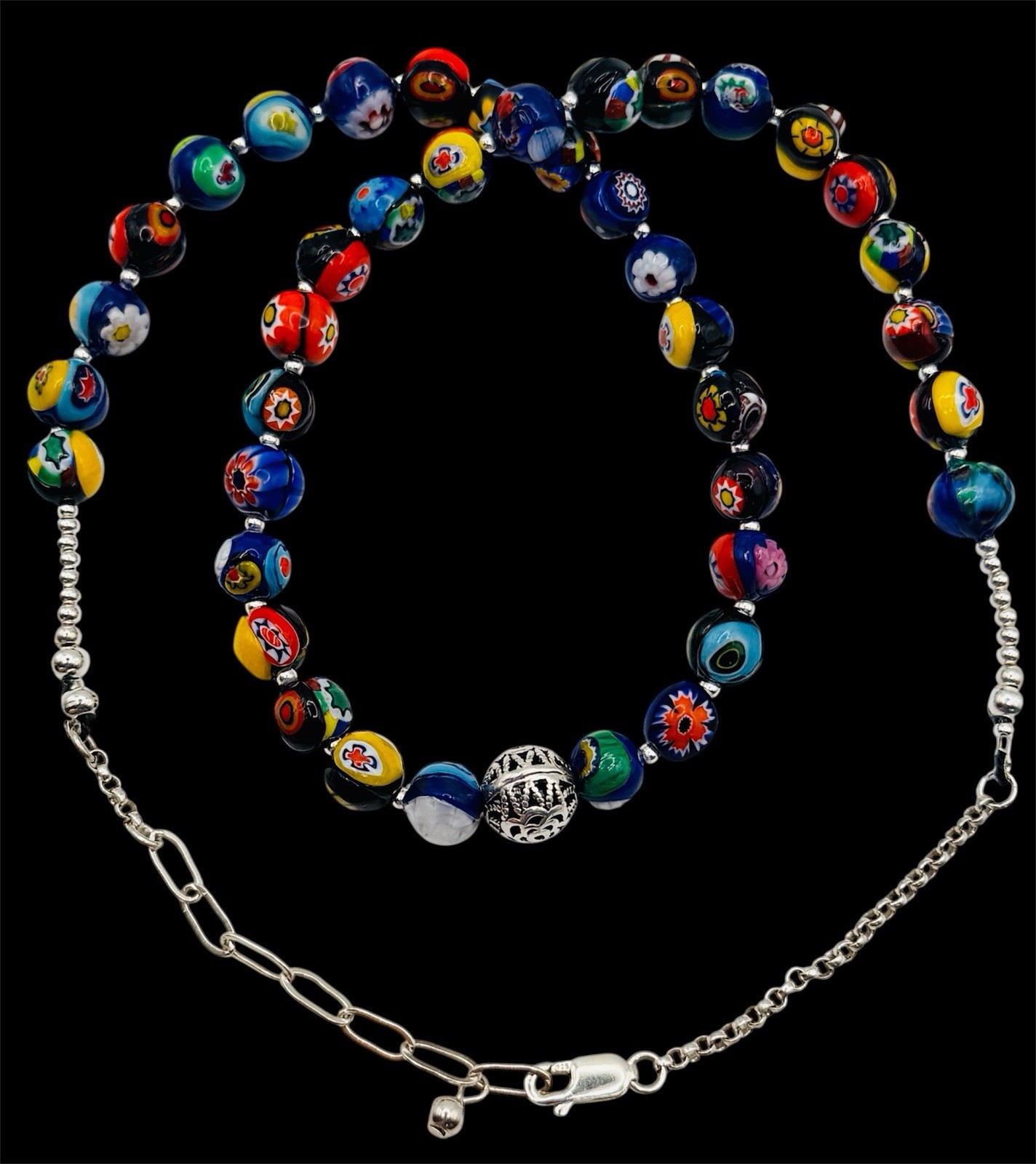 VTG Artisan Necklace Sterling Silver & Millefiori Venetian Murano Glass Bead 22″