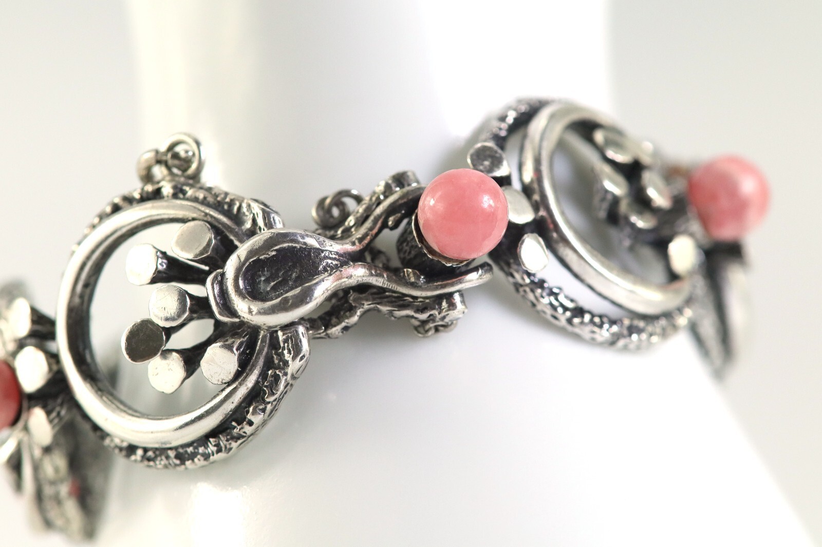 Floral Sterling Silver (925) Link Bracelet, with Rhodochrosite, Floral, L: 19cm