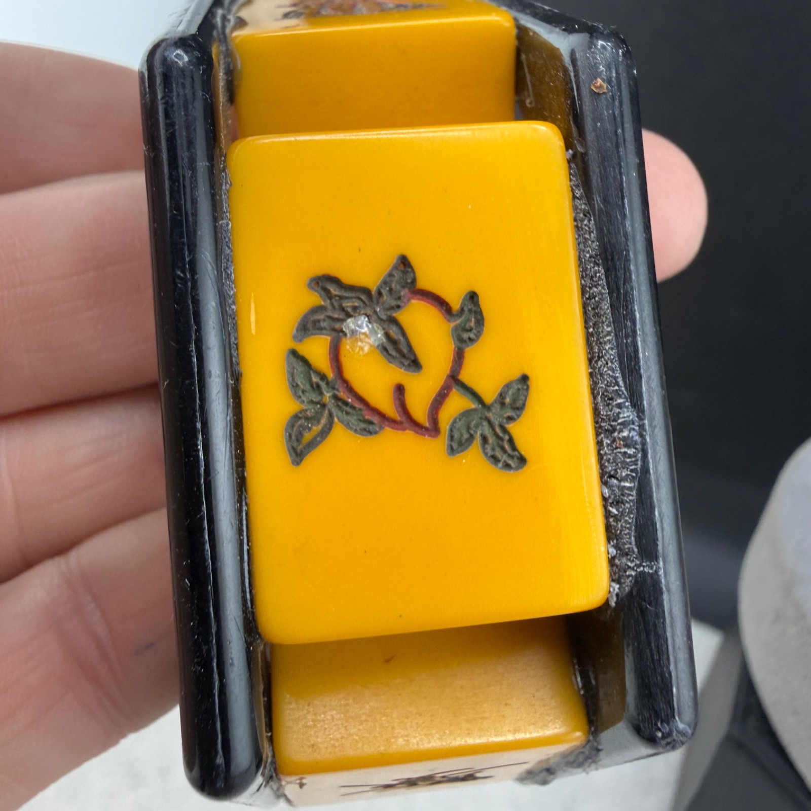 Vintage Mahjong Tile Bracelet Butterscotch Black Chinese Character Bangle