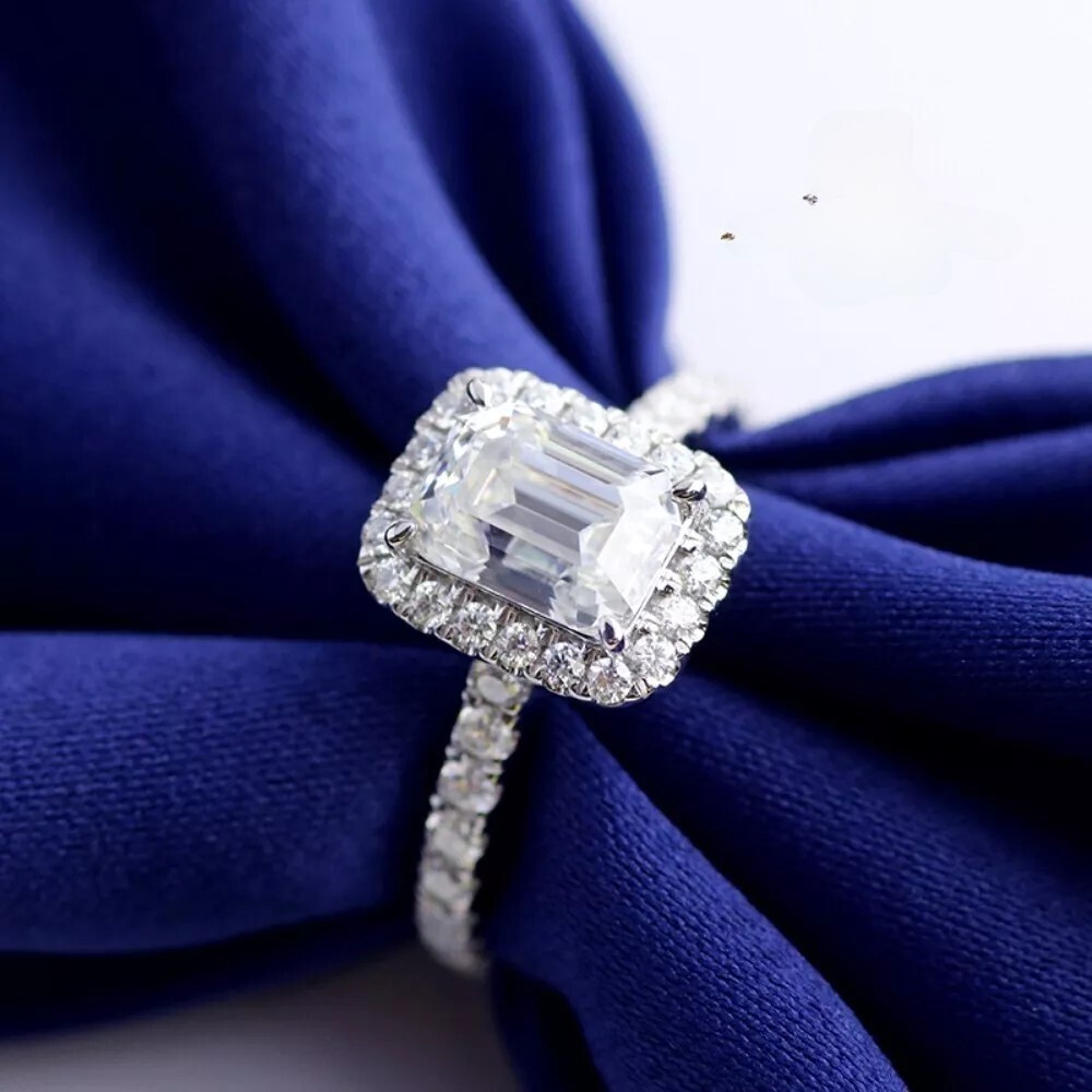 Solid 14K White Gold Moissanite Halo Engagement Ring Emerald Cut 2 Carat F/VVS1