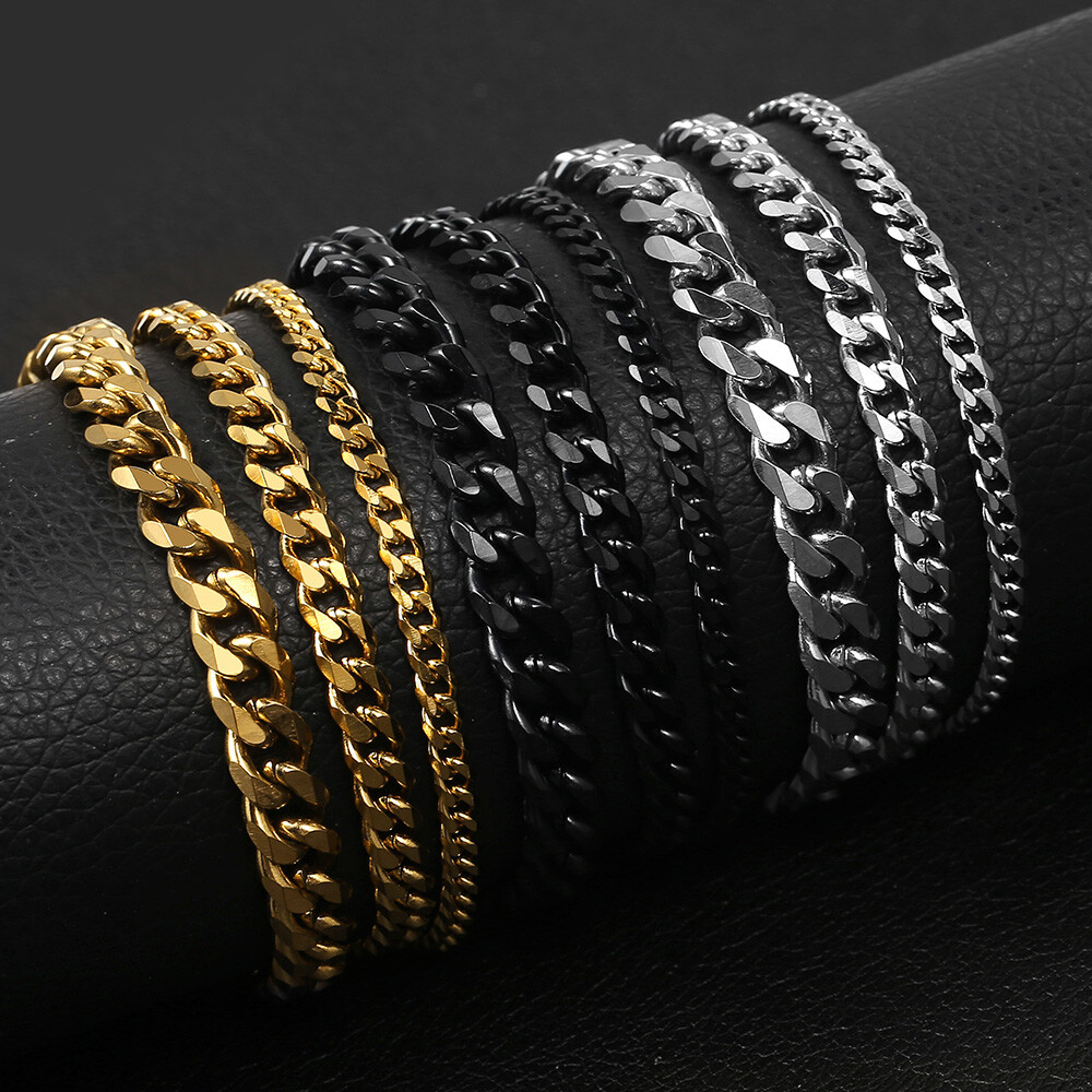 3/5/7/MM Stainless Steel Chain Silver/Black/Gold Plated Cuban Curb Bracelet 7-11