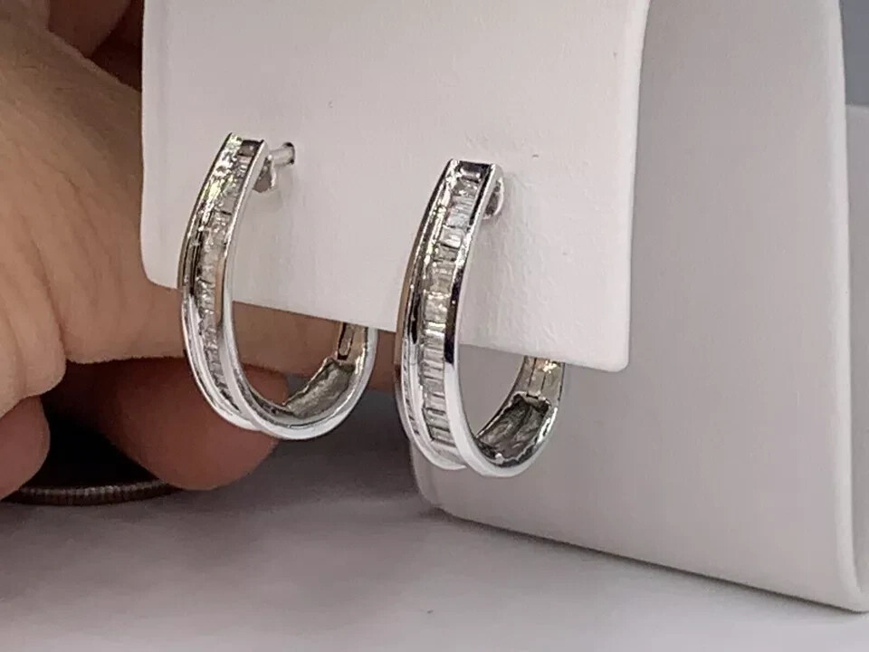 14K White Gold 1.24Ct Baguette Lab-Created Diamond Huggie Hoop Gift Earrings
