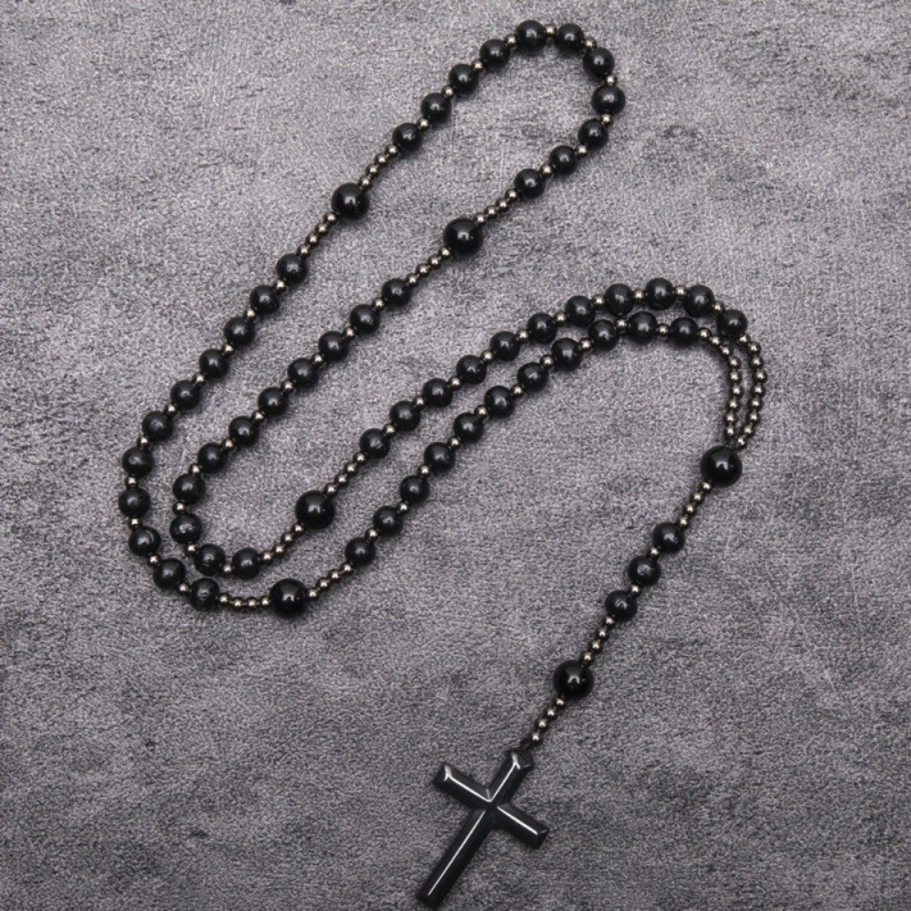 Wooden Prayer Beads Black Gallstones Cross Religious Necklace Wishing Pendant