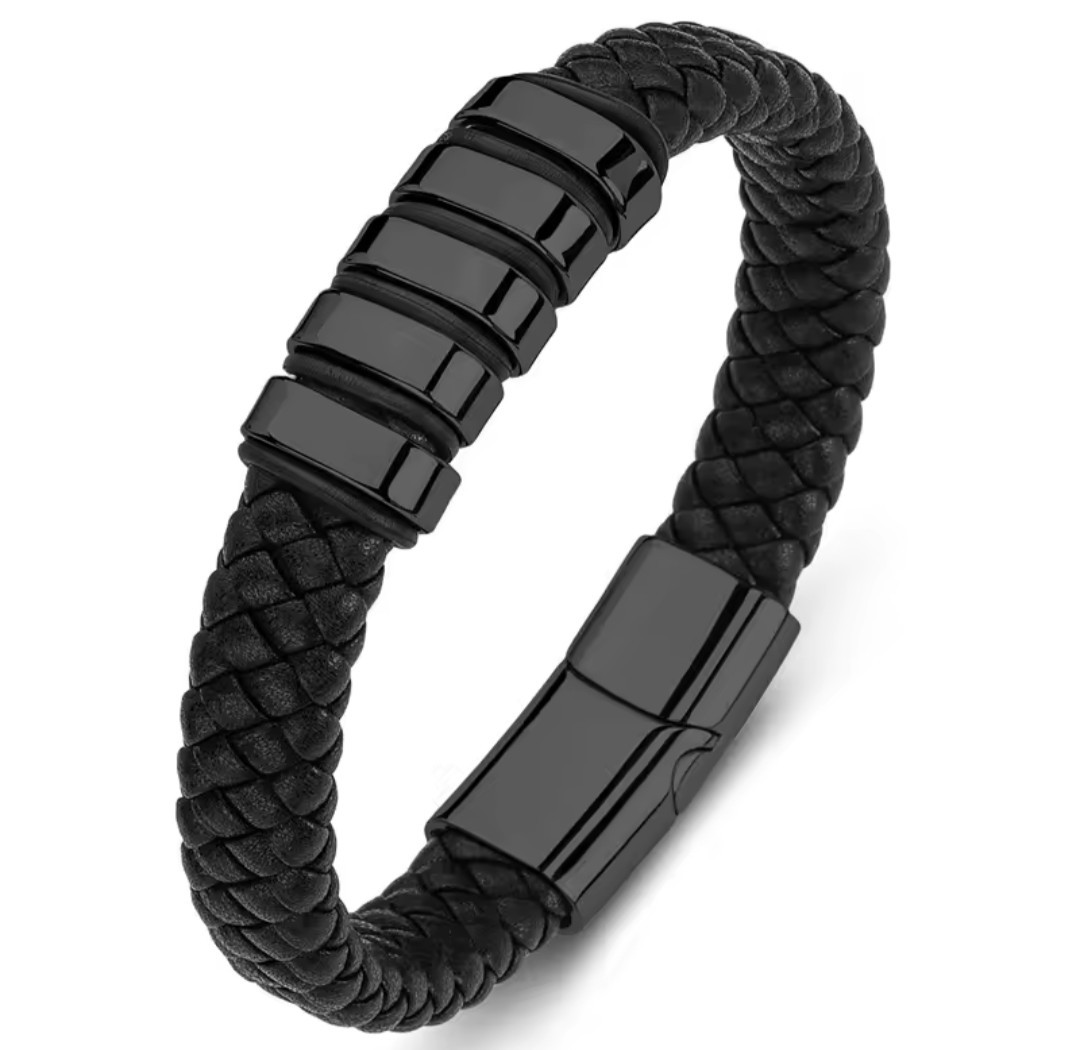 Men’s Genuine Leather Bracelet Stainless Steel Custom Engravings Jewelry