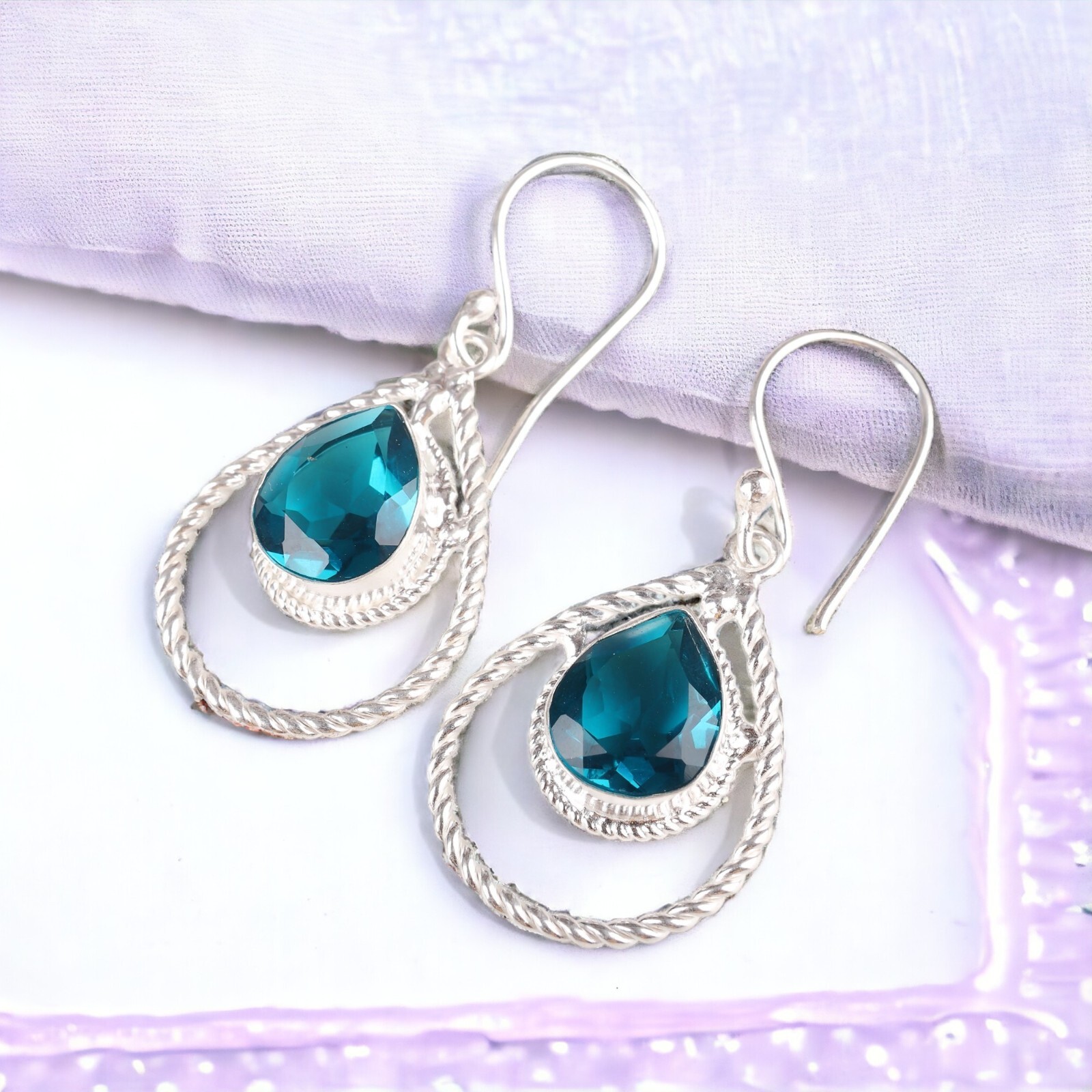Sterling Silver Natural Apatite Gemstone Drop Earrings For Women Jewelry 1.7”