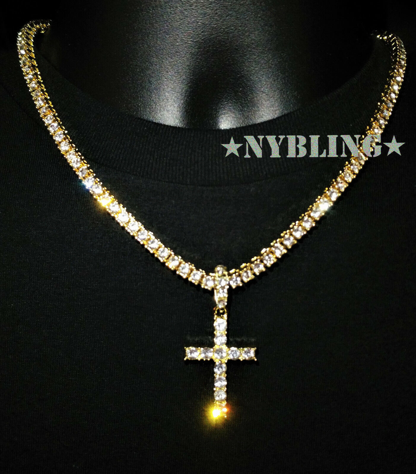 14k Gold Plated Tennis Chain Cross Pendant CZ Choker Necklace ICED Jewelry 4MM