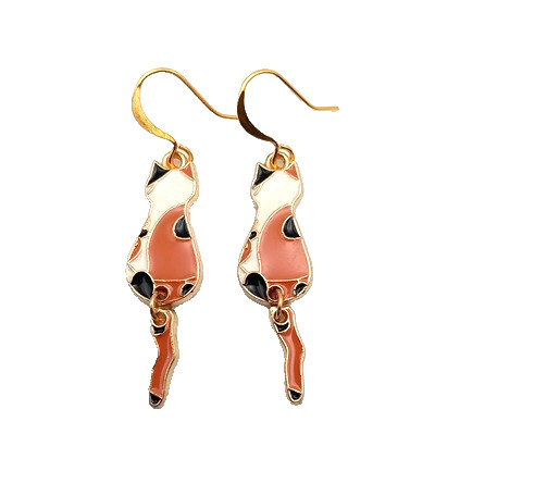 Metal and Enamel Multicolor Calico Cat Earrings with Wiggling Tails