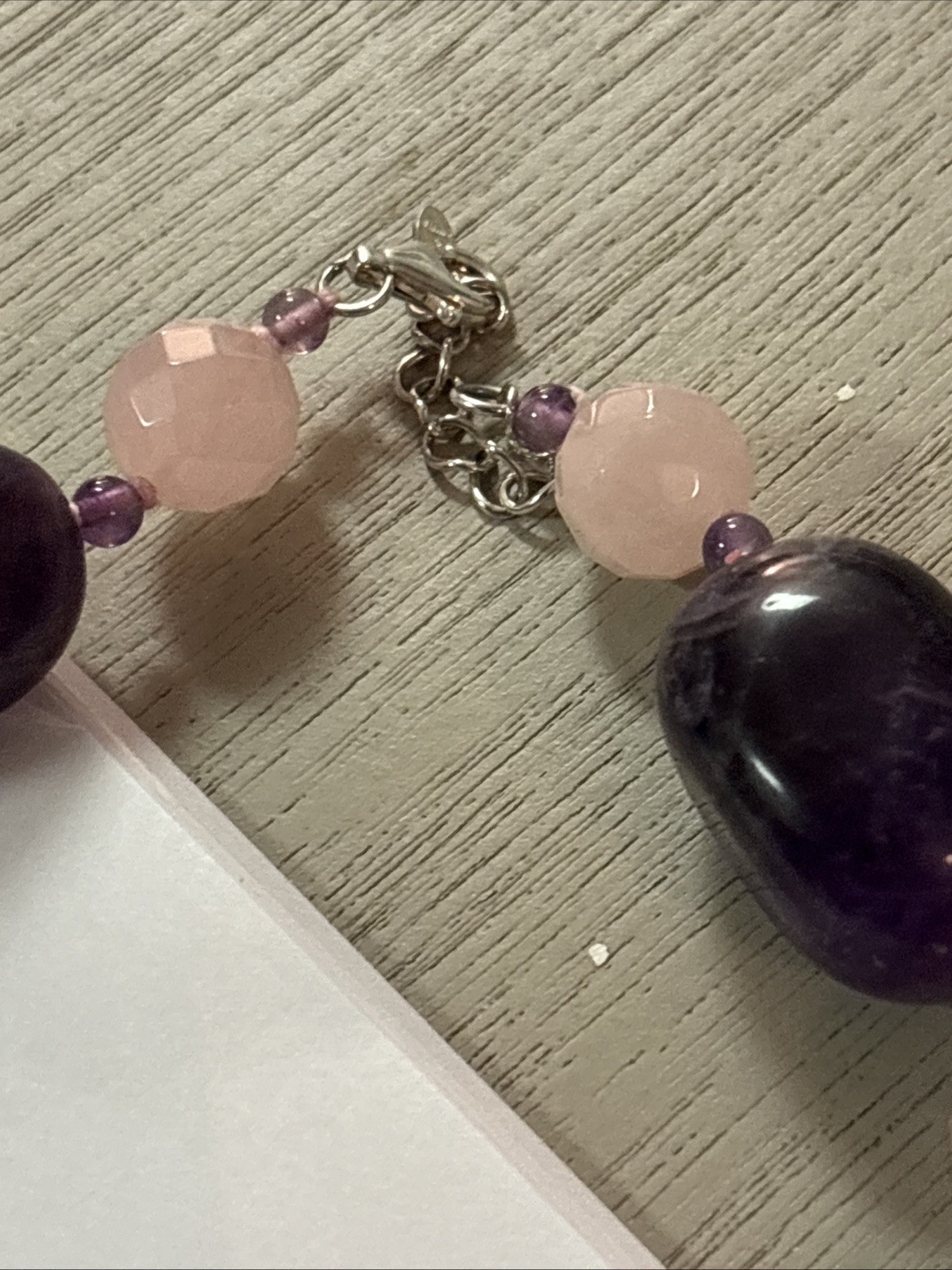 VTG UNIQUE CARVED ROSE QUARTZ AND AMETHYST STERLING SILVER NECKLACE 925 GSJ 177g