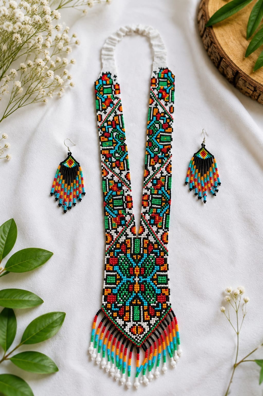 Handmade Strand Seed Bead Necklace Set with matching Fringe Earrings ,Boho gift
