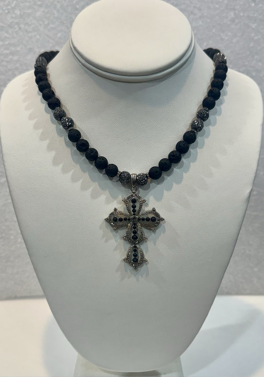 natural lava stone beads Necklace With Large Cross , 17”+2” Extender, Handmade
