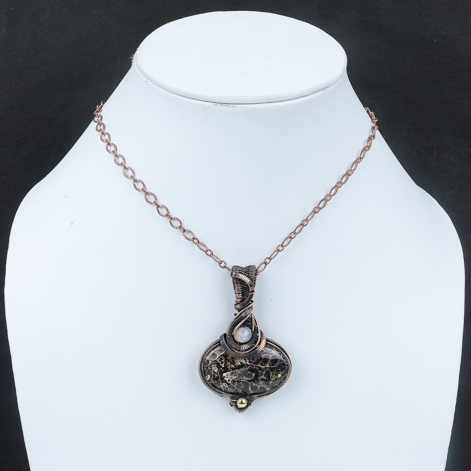 Gift For Her Copper Turritella Agate Gemstone Jewelry Wire Wrapped Pendant 2.36″