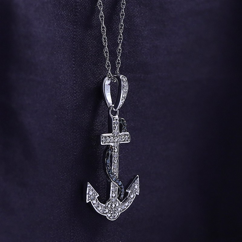 1/10ct Real Blue & White Diamond Anchor Pendant 18″ Necklace 925 Sterling Silver