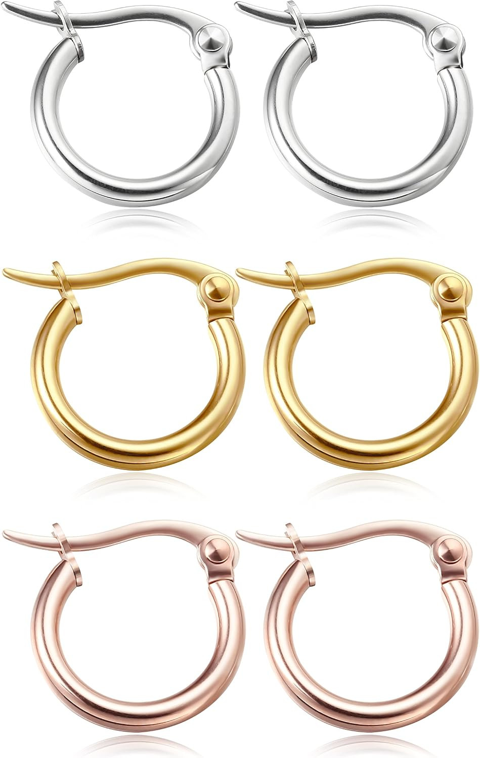 3 Pairs Stainless Steel Hoop Earrings Set for Women Mens Black Silver Gold Small
