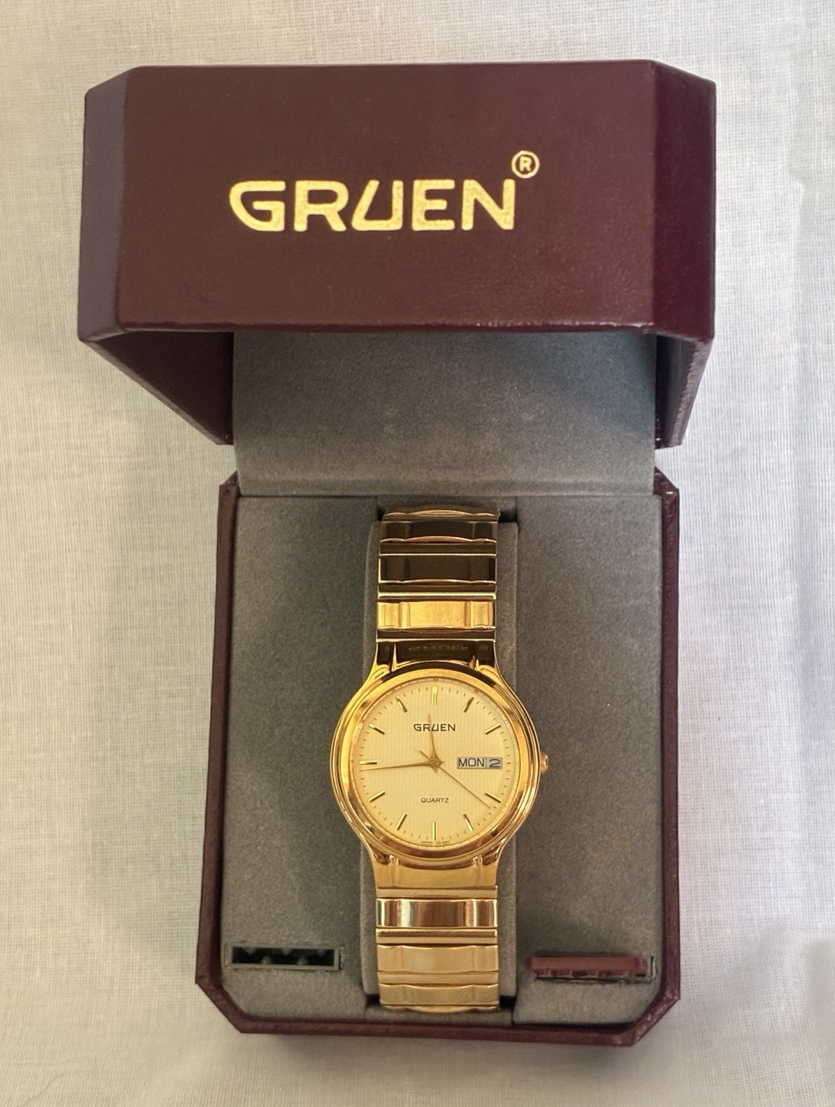 Vintage Gruen Quartz Day-Date Men’s Dress Watch, Gold-Tone NIB