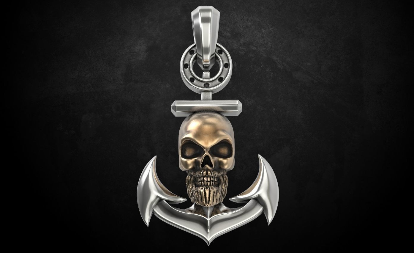 Men’s 925 Sterling Silver Gothic Skull Anchor Necklace Pirate Nautical Pendant