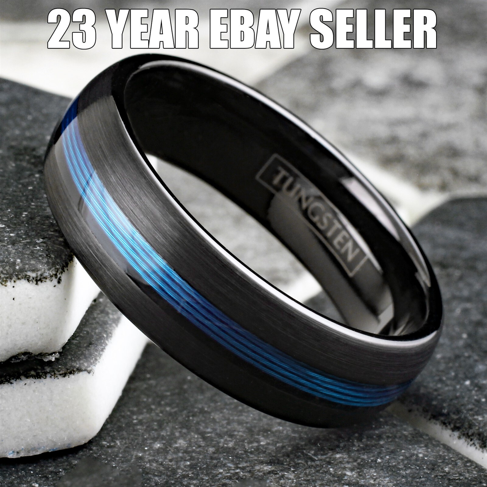 Tungsten Carbide Blue Fishing Line 7mm Brushed Band – Black or Rose Gold Plated