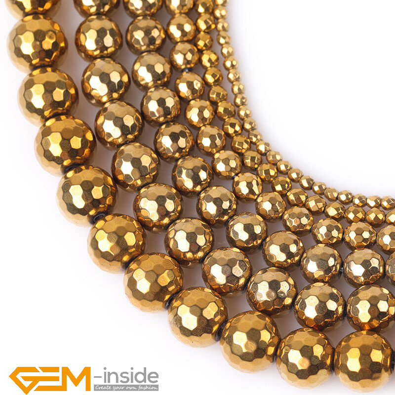 Gold Hematite Metallic Coated Reflections Faceted Round Beads Jewelry Making 15″