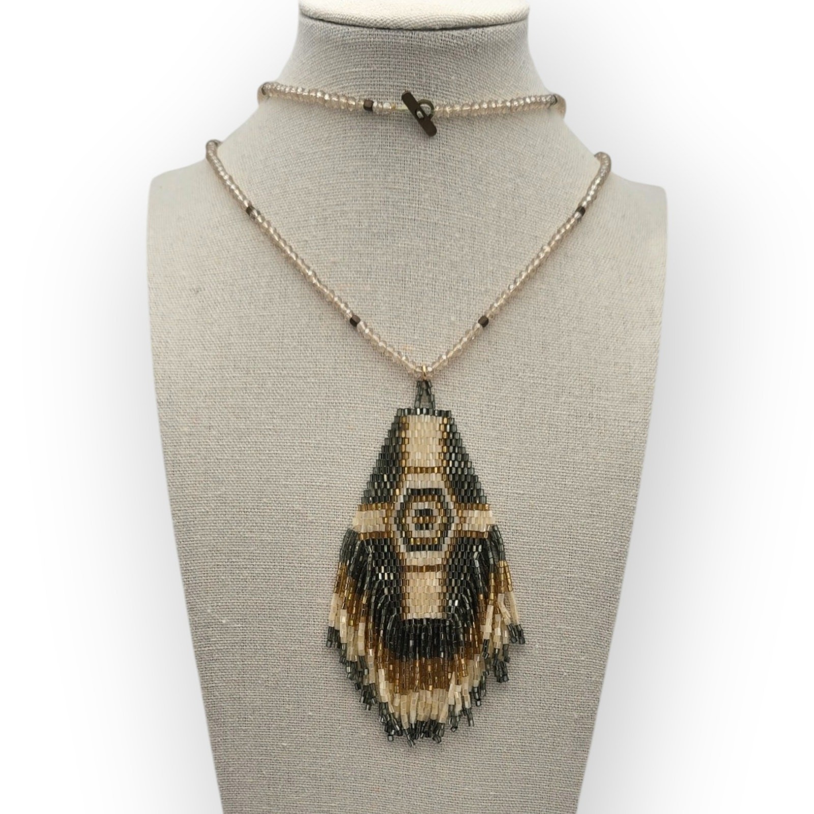 Brown Champagne Ivory Faceted Beaded Pendant Necklace Long – Elegant Boho Chic