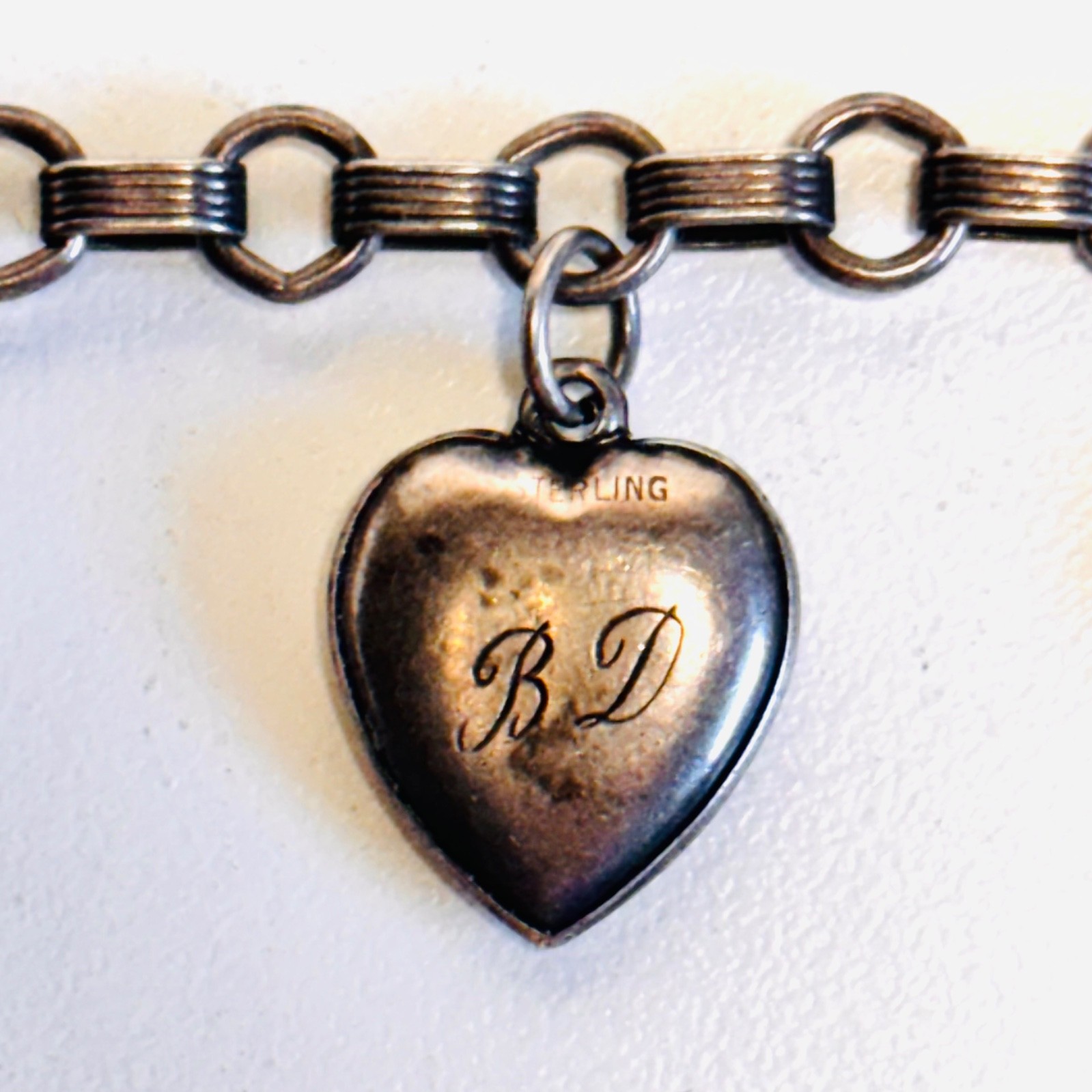 WALTER LAMPL Sterling silver bracelet puffy heart charm lock engraved vint 14.9g