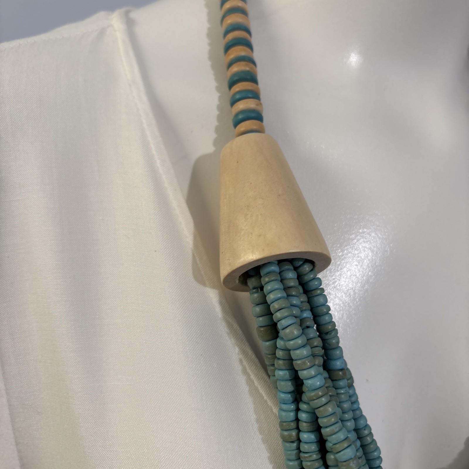 Vintage Exotic Boho Tribal Blue Beige Wood Beads Statement Necklace 26”