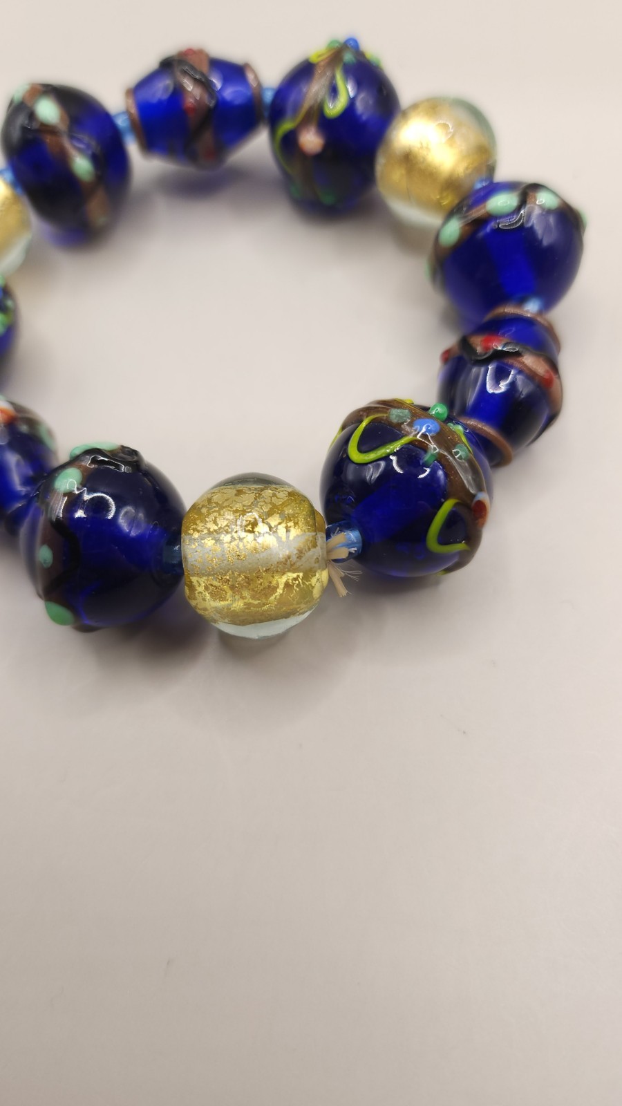 Vintage Murano Glass Bead Stretch Bracelet Cobalt Blue Gold Foil Wedding Cake