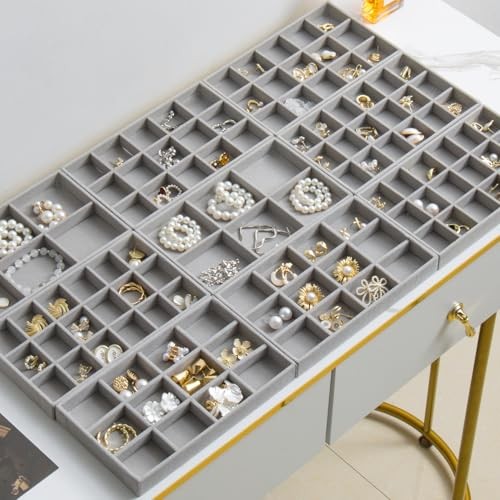 SPAKOWN Jewelry Organizer for Drawer Set of 9, Velvet Jewelry Tray Grey