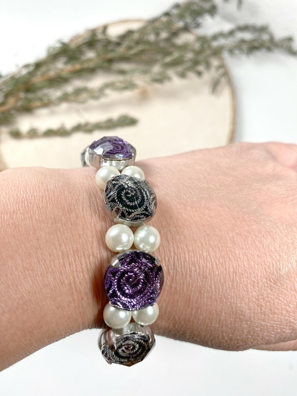 Flower Bracelet Chain Bracelet Woman Rose Purple Silver Stretch Beaded 6 pcs