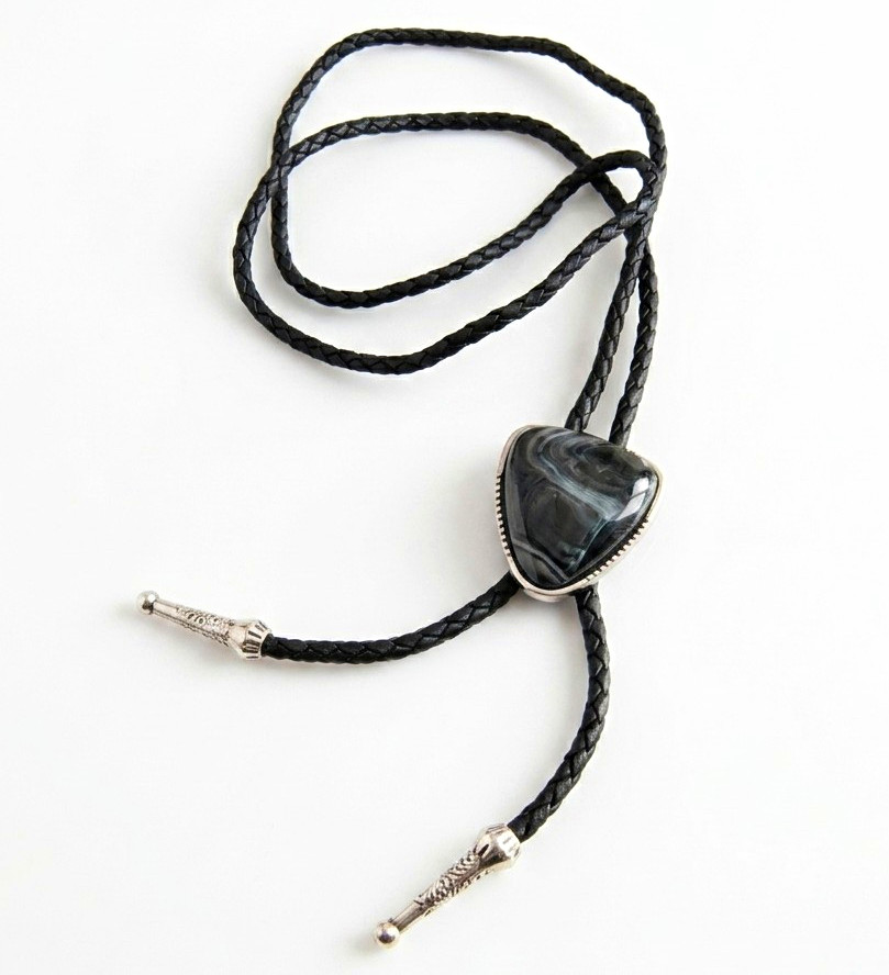 Men’s Western Adjustable Black Leather Bolo Tie Triangle Black Stone
