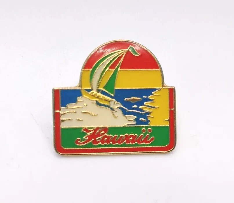Vintage Hawaii Sailboat Lapel Hat Pin Enamel Red Green Yellow Blue Gold Tone