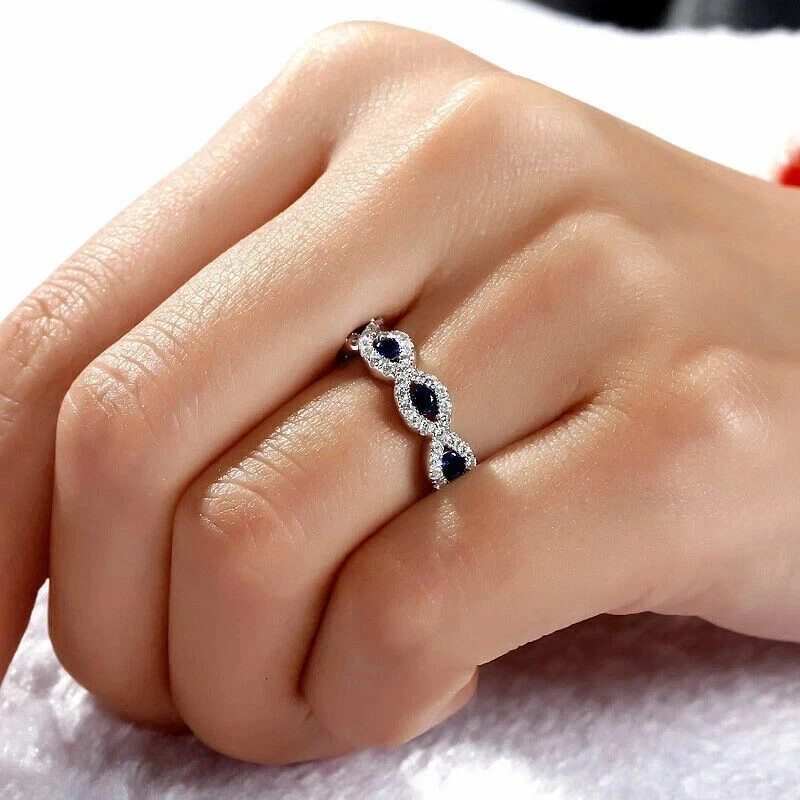 1.83 Ct Round Cut Natural Sapphire Wedding Ring 14K White Gold