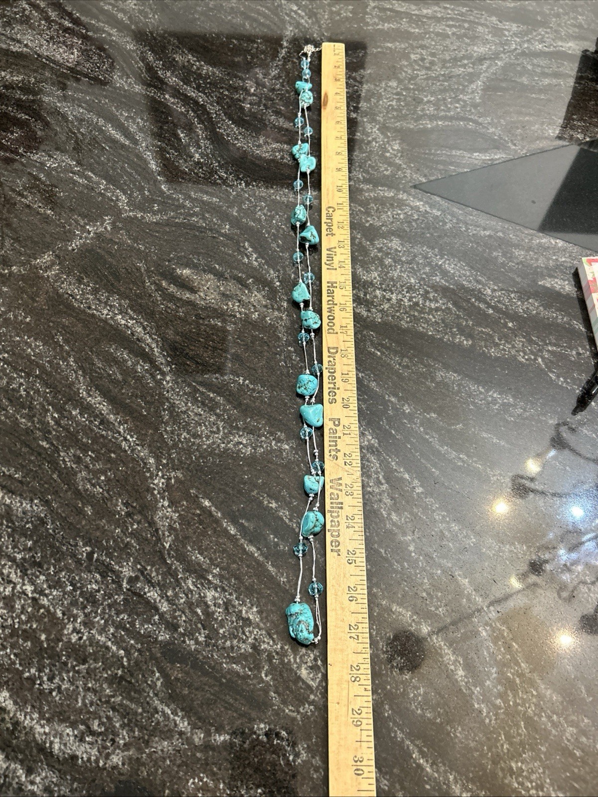 Boutique Turquoise Nuggets w/Crystal Beads Spun Silver Chain Necklace 56” 98.8g