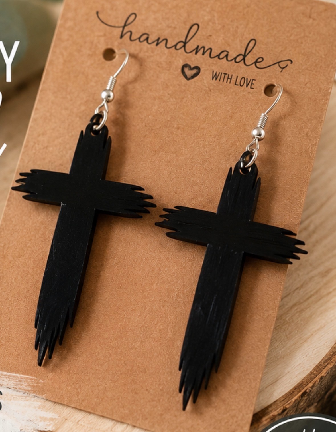 HANDMADE BLACK CROSS DANGLE EARRINGS/LIGHTWEIGHT CHRISTIAN FAITH JEWELRY