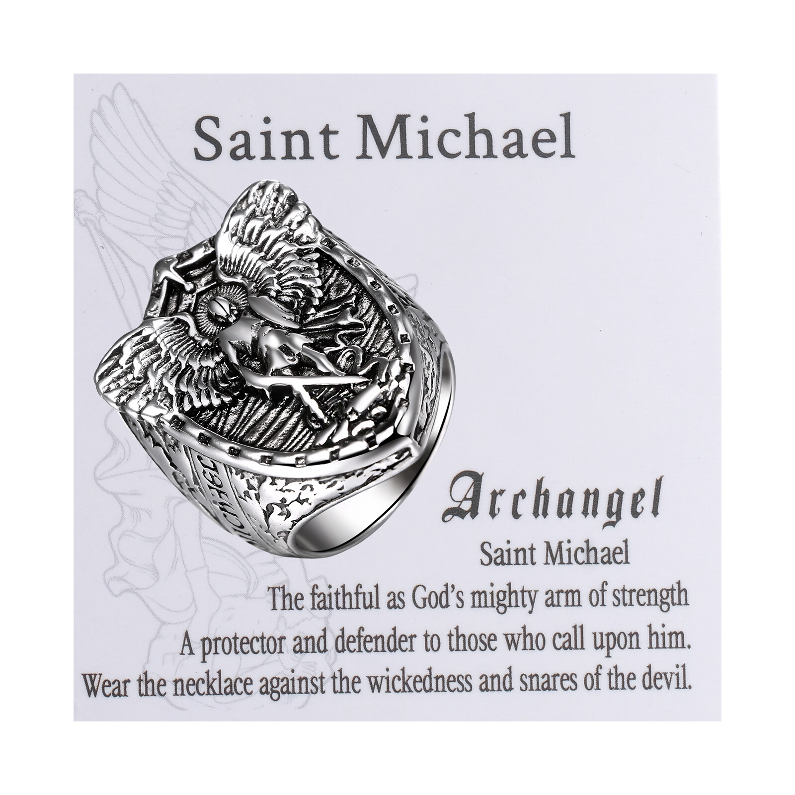 Archangel Saint Michael Ring Men’s Shield Knight Ring Stainless Steel Catholic